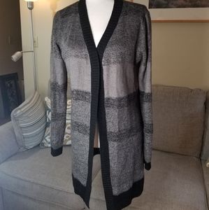 Karen Scott cardigan, size petite large, gray / black color block style